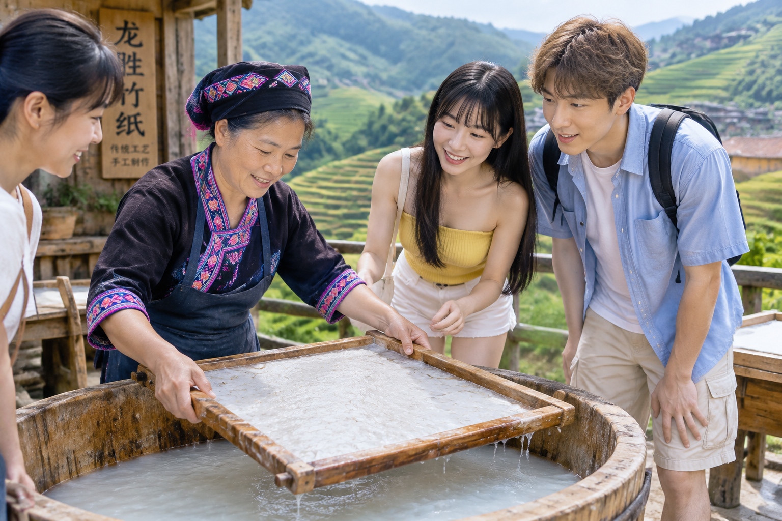Village artisan demonstrating bamboo papermaking to tourists in Longsheng, with rice terraces behind