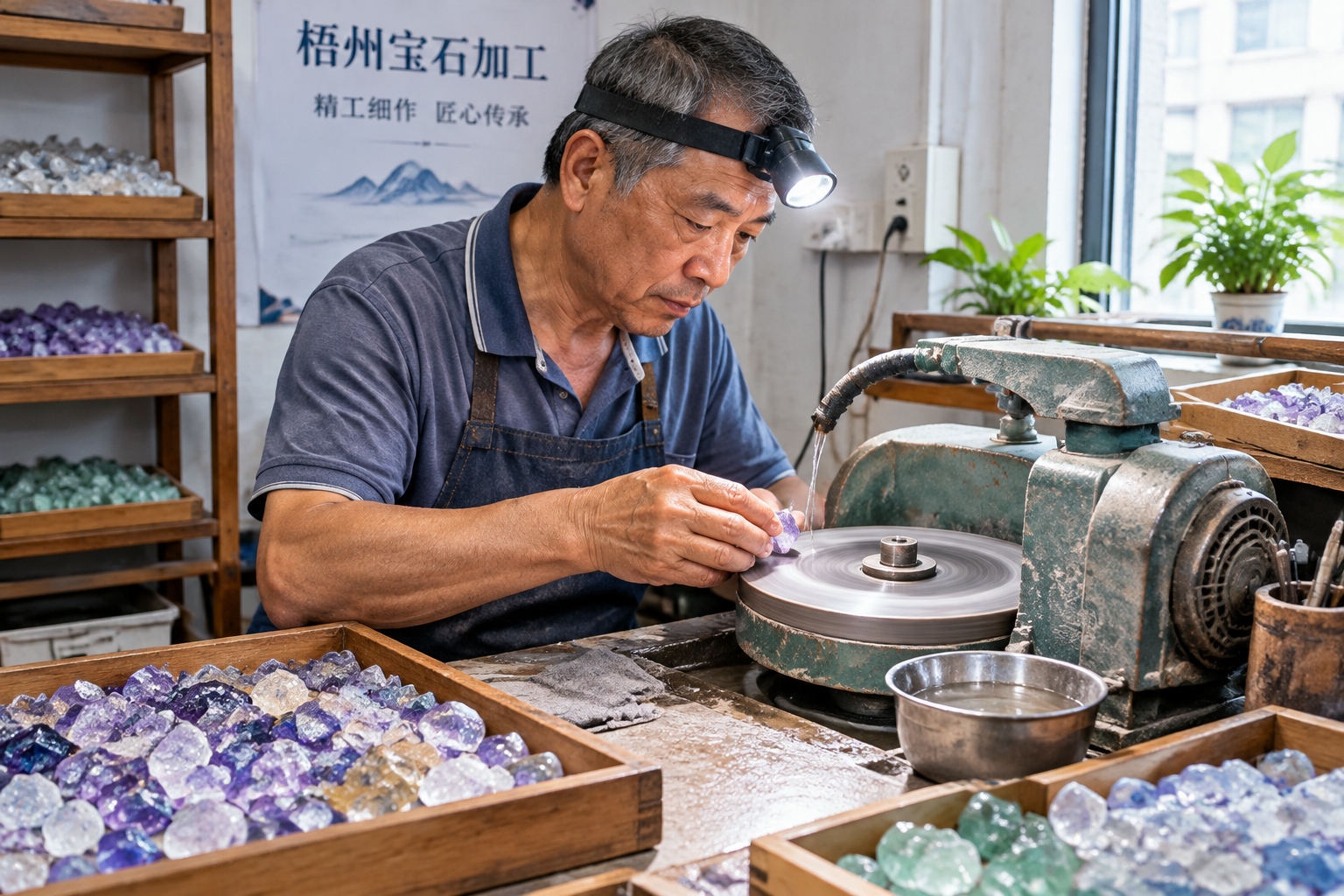 Worker in a Wuzhou workshop cutting a synthetic gemstone with a precision machine
