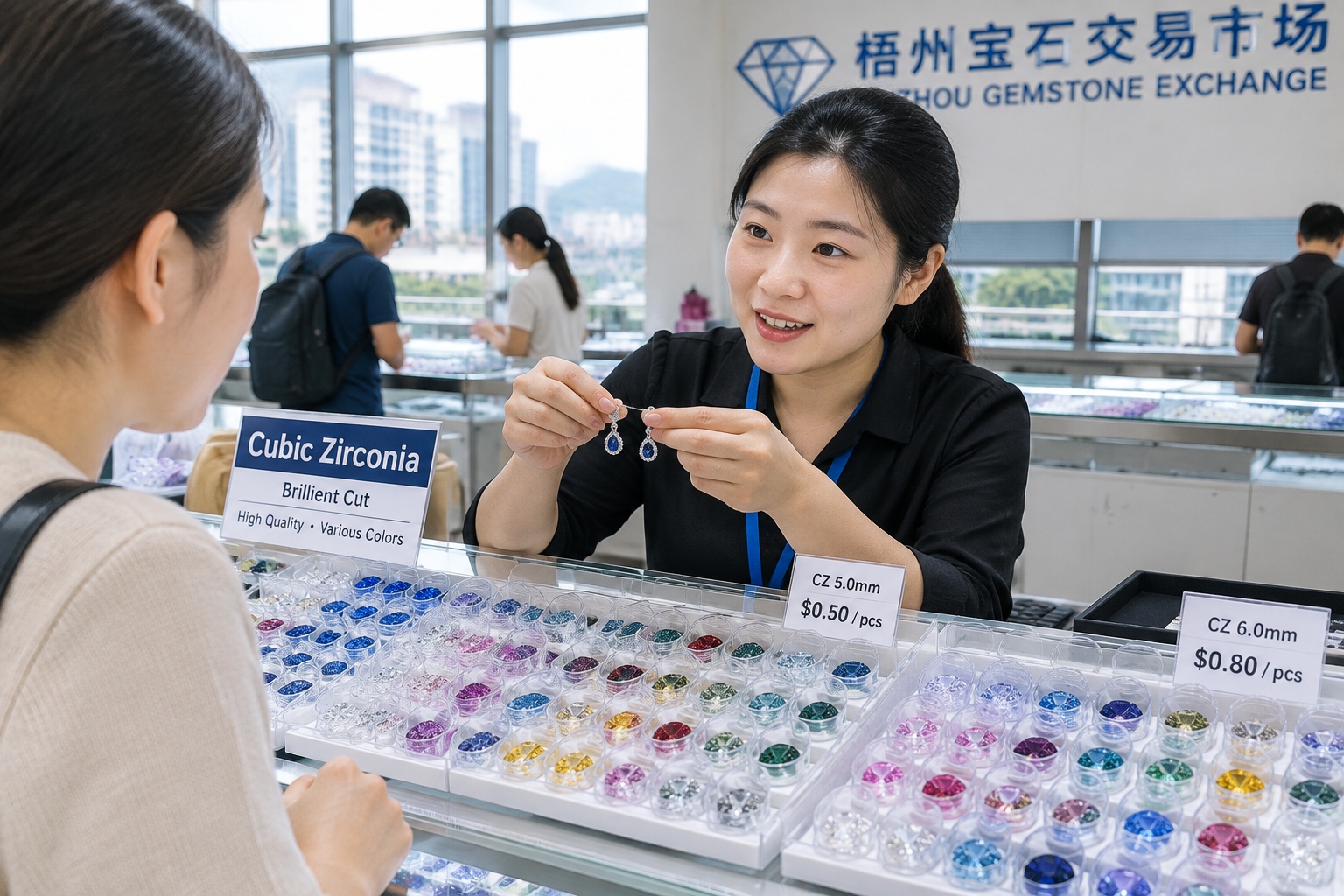 Colorful synthetic gemstones displayed in vials in a Wuzhou jewelry market