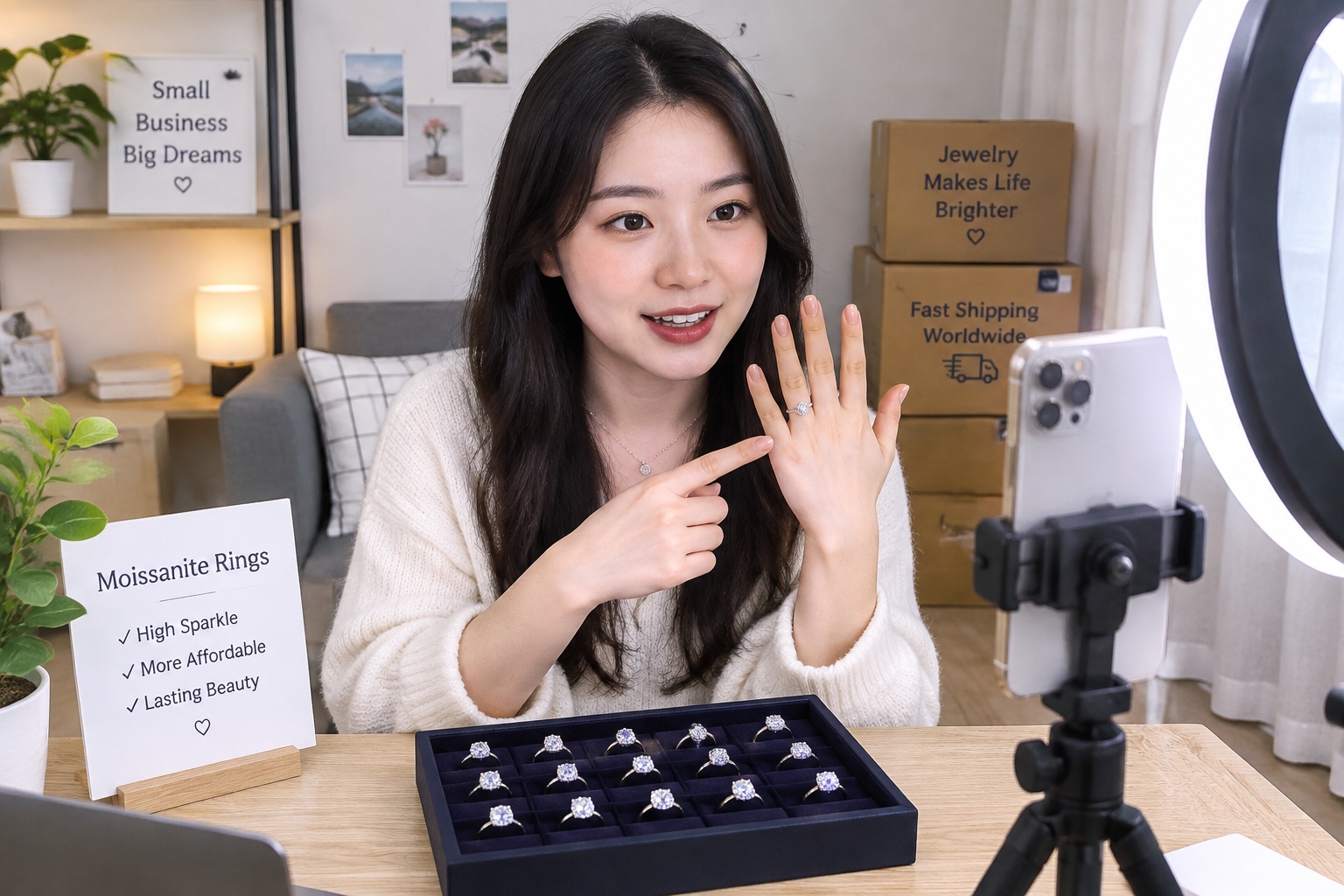 Young woman in Wuzhou live-streaming a ring sale for online customers