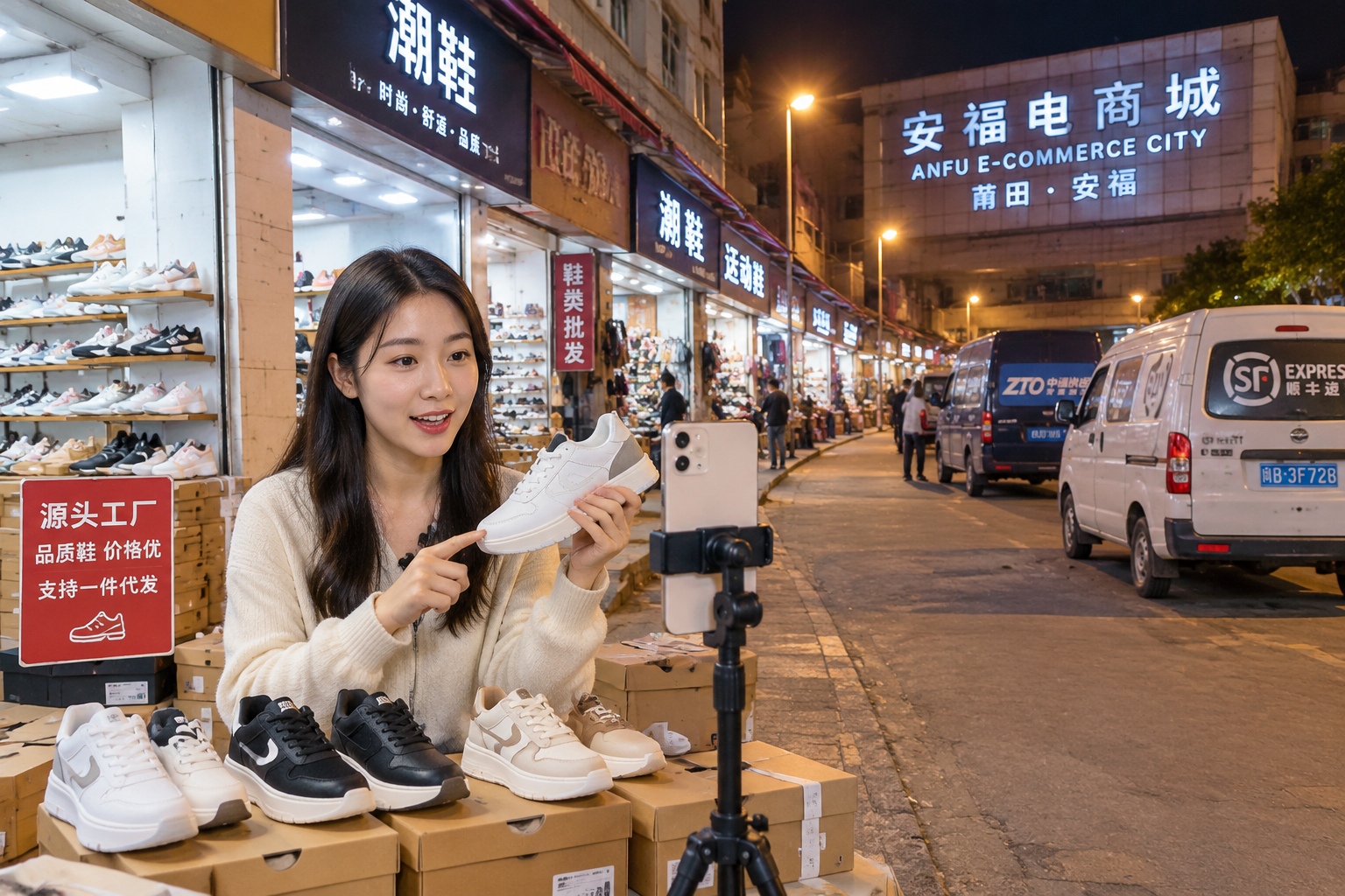Young woman livestreaming sneakers at night outside a shoe shop in Anfu E-Commerce City in Putian, China