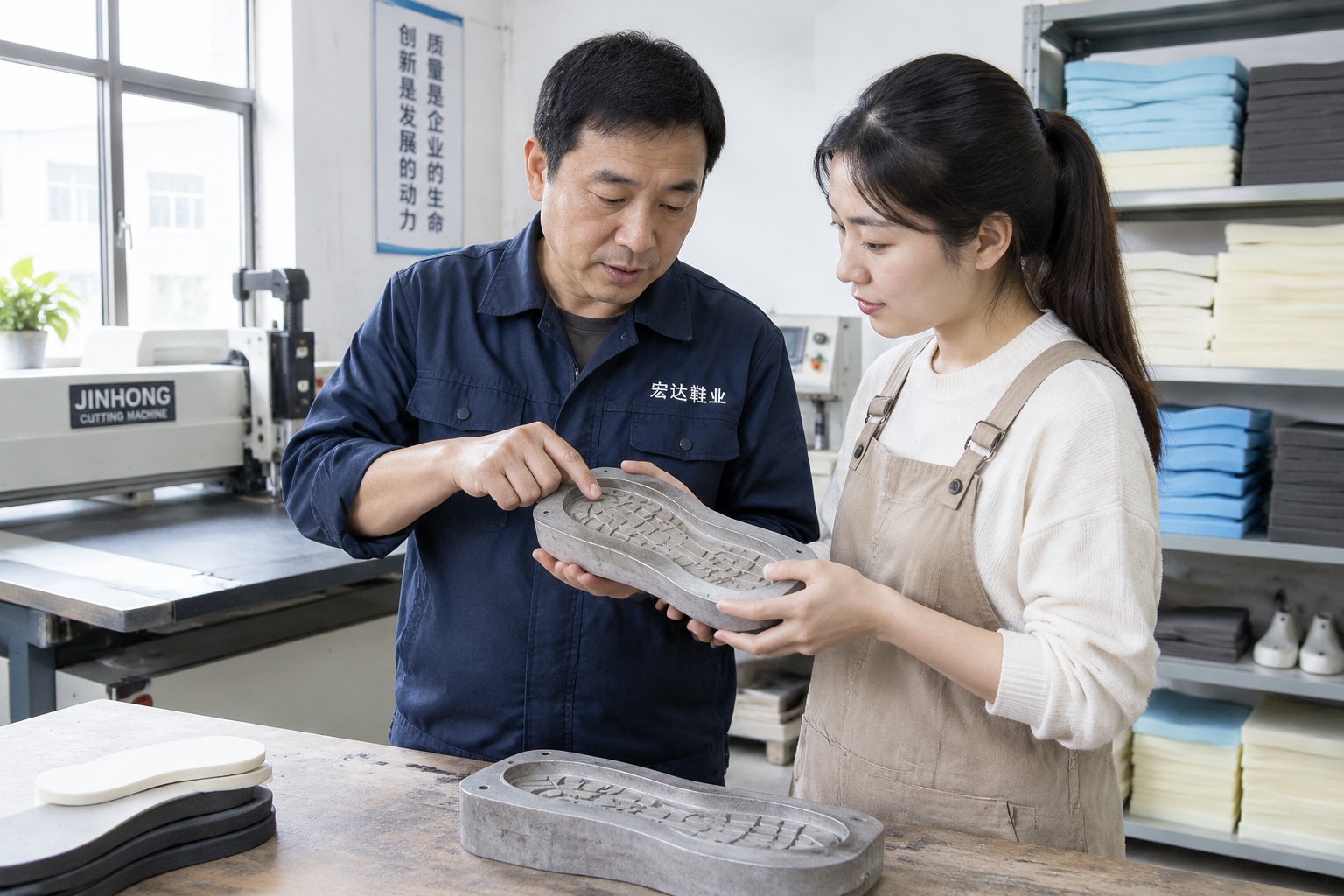 Factory owner and young designer examining a shoe sole mold inside a small workshop in Putian, China