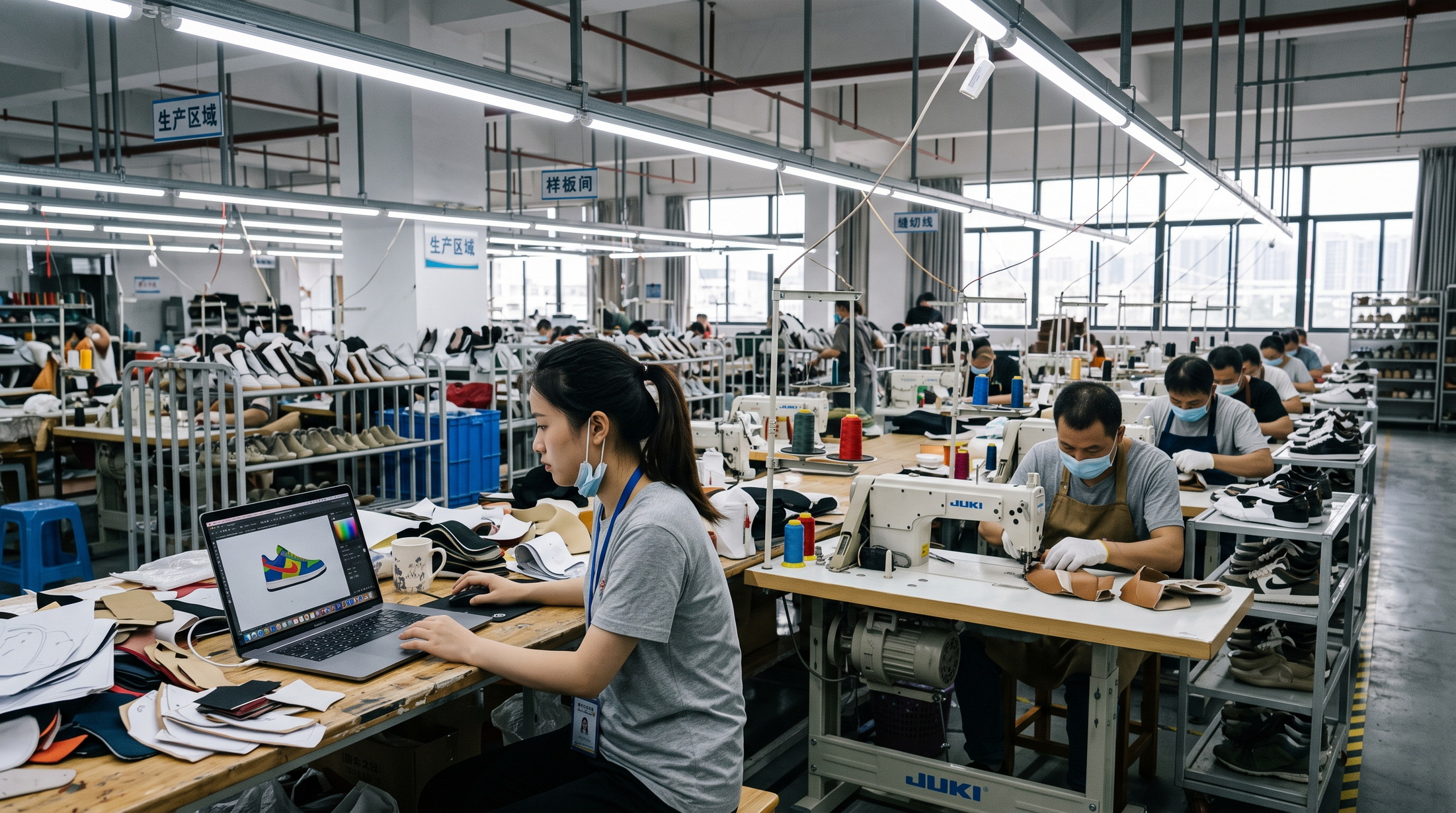 Pattern maker designing shoes on a laptop inside a shared small-batch sneaker factory in Putian, China