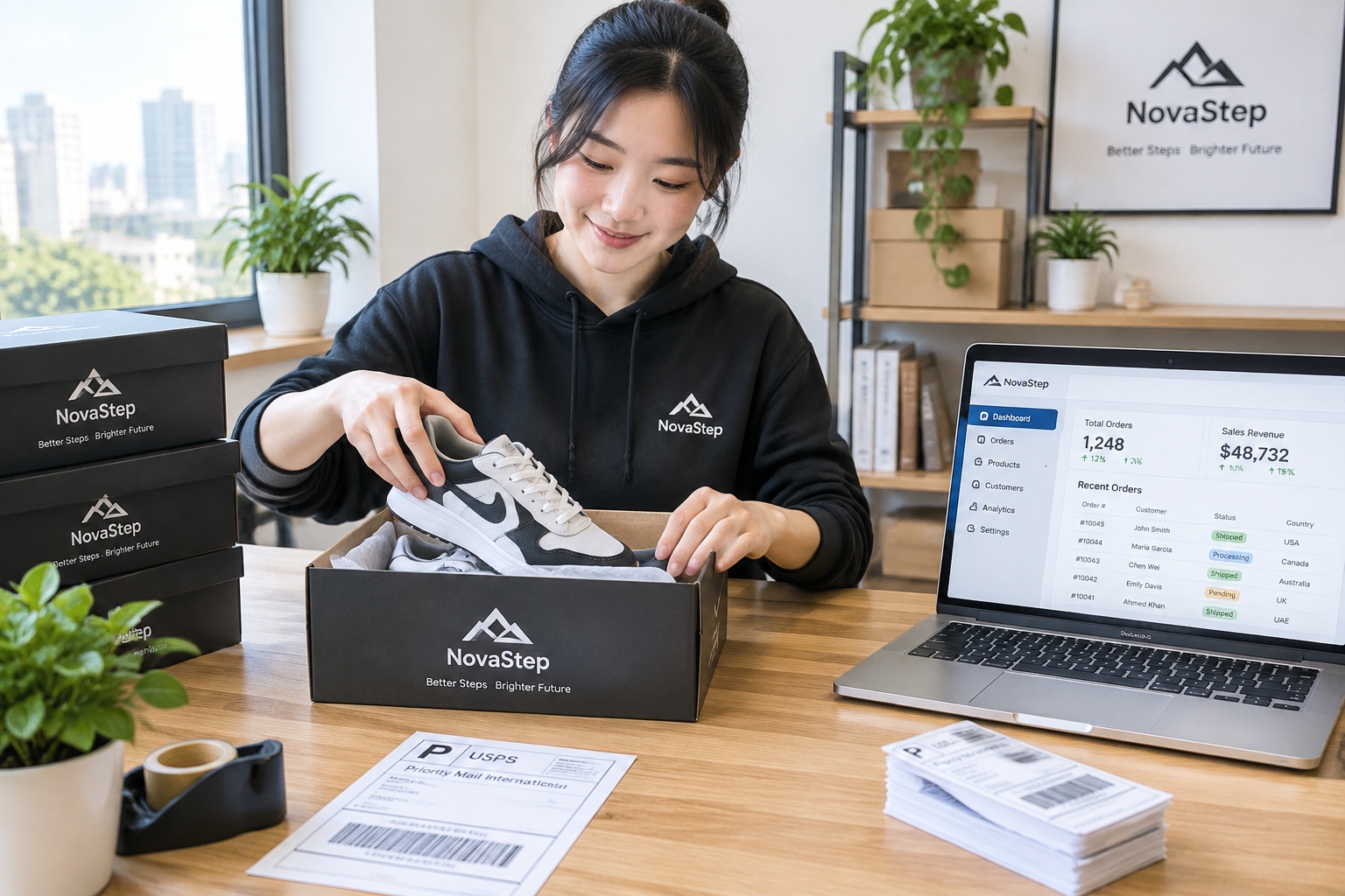 Young Chinese e-commerce seller packing original-brand sneakers for cross-border shipping in a small Putian office