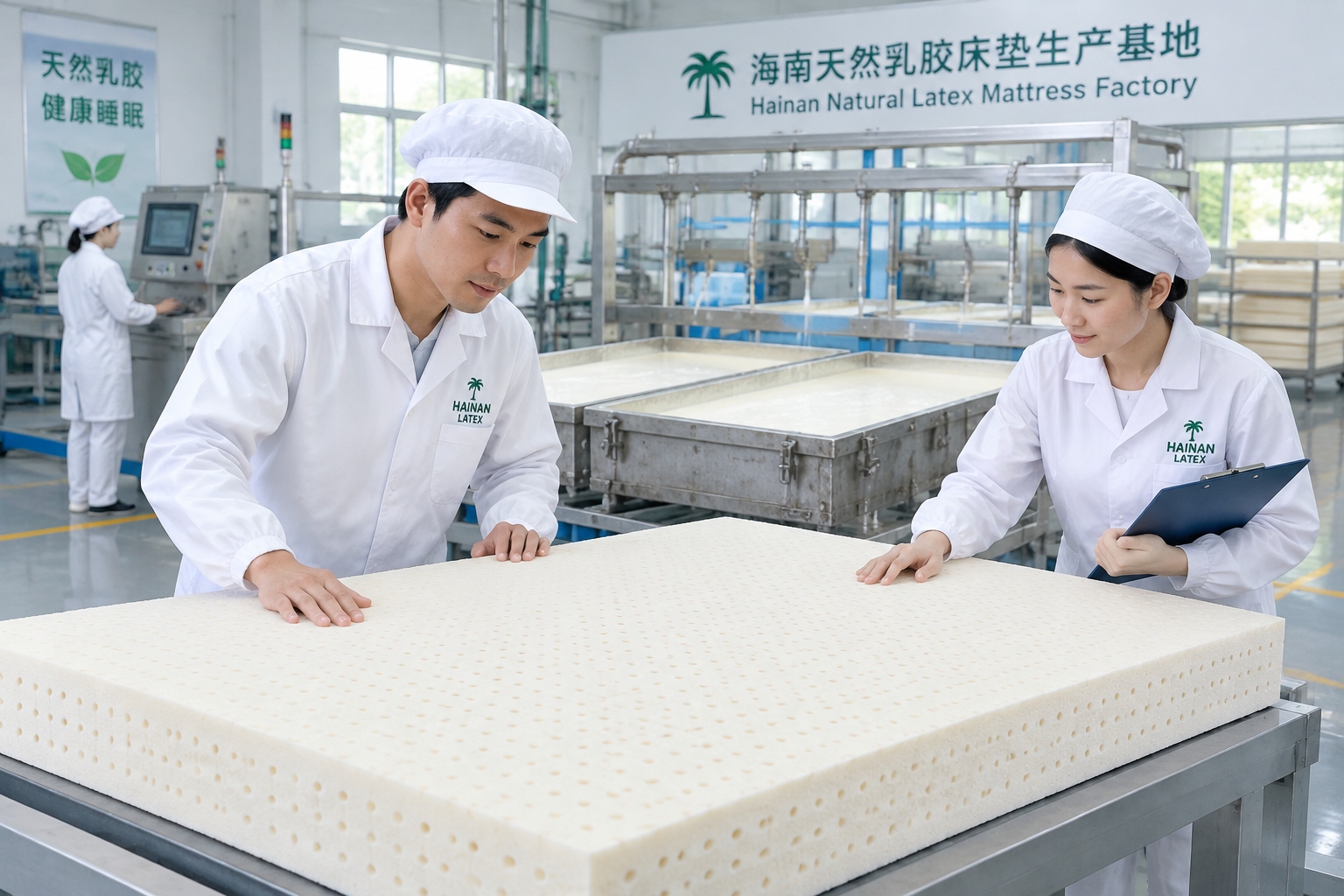 Latex mattress production in a Hainan factory, workers inspecting foam slabs