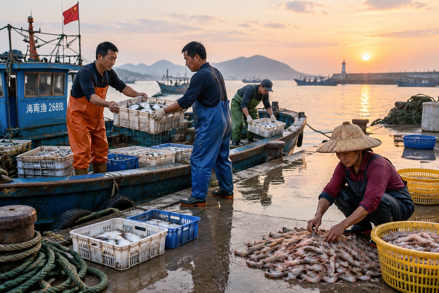 Hainan fishermen unload fresh catch at a dawn pier, with a woman sorting shrimp in the foreground