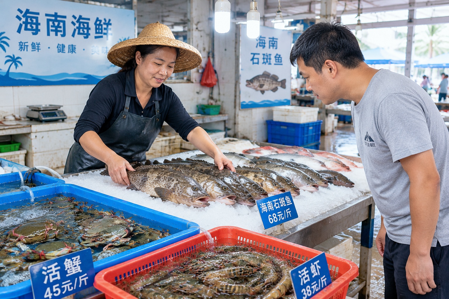 Fishmonger and customer bargain over fresh grouper at a Hainan seafood market in the early morning