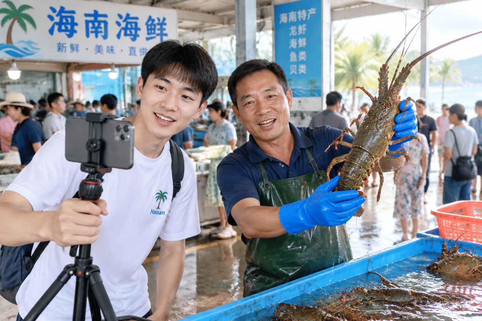 Young Chinese man livestreams a seafood stall in Hainan, showing a lobster to his smartphone camera