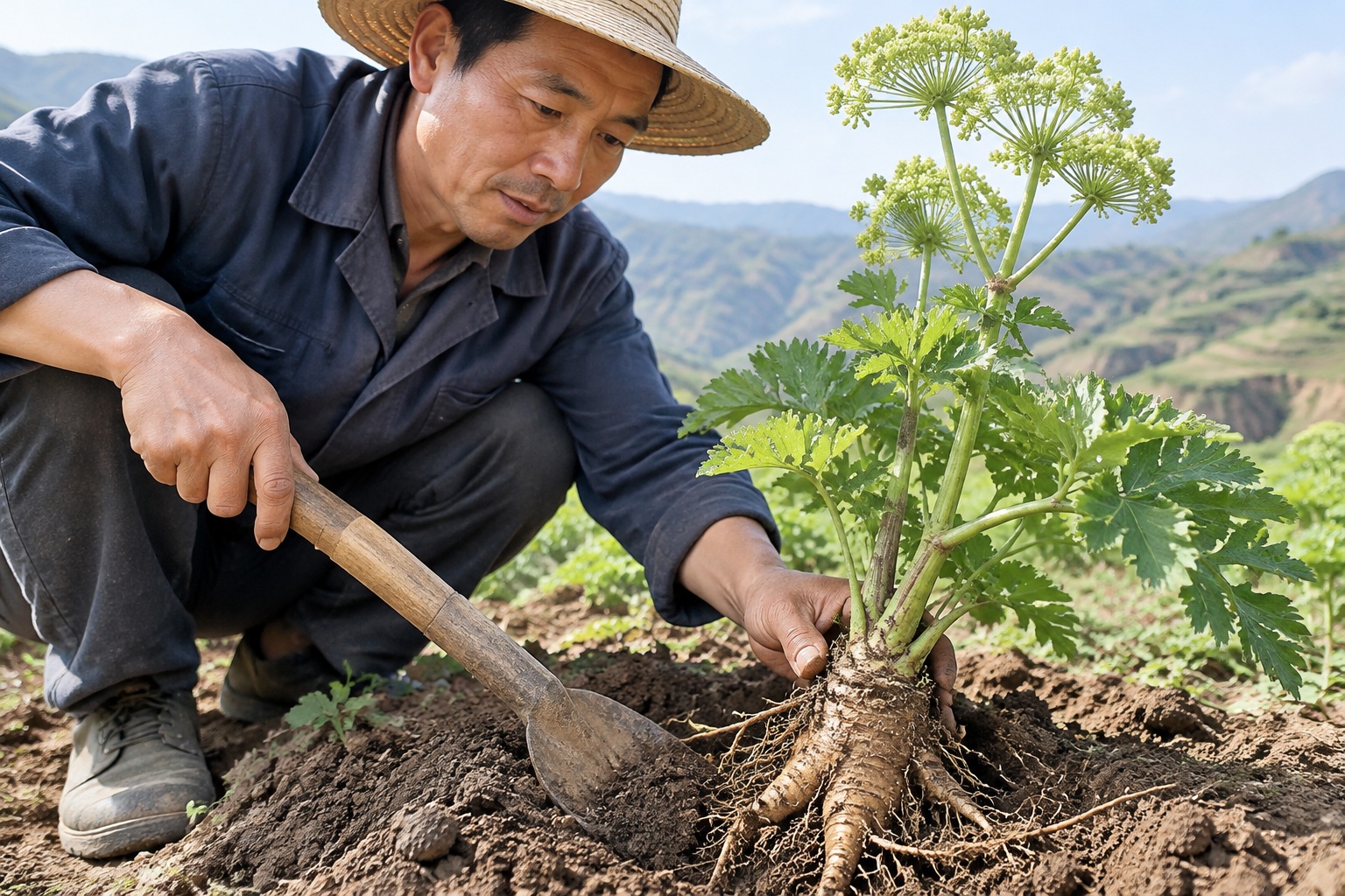 Farmer digging angelica root with a wooden shovel in Gansu