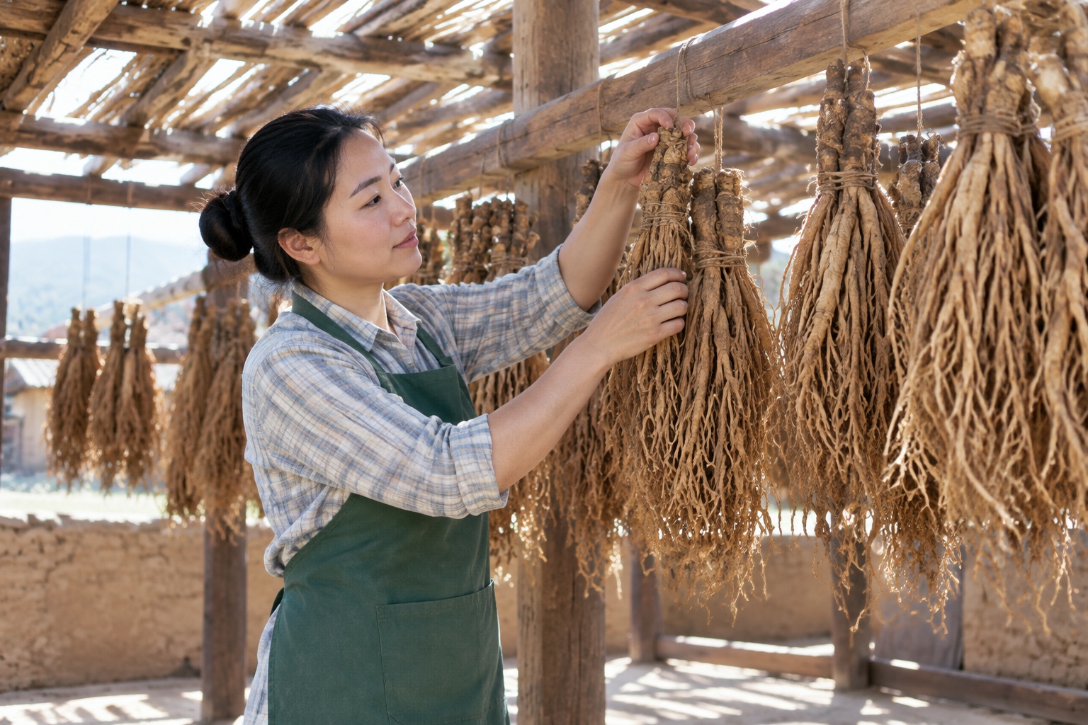 Bundles of angelica roots hanging to dry in a shaded shed