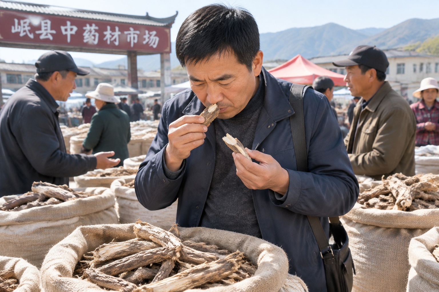 Herb trader inspecting a dried angelica root at Minxian market