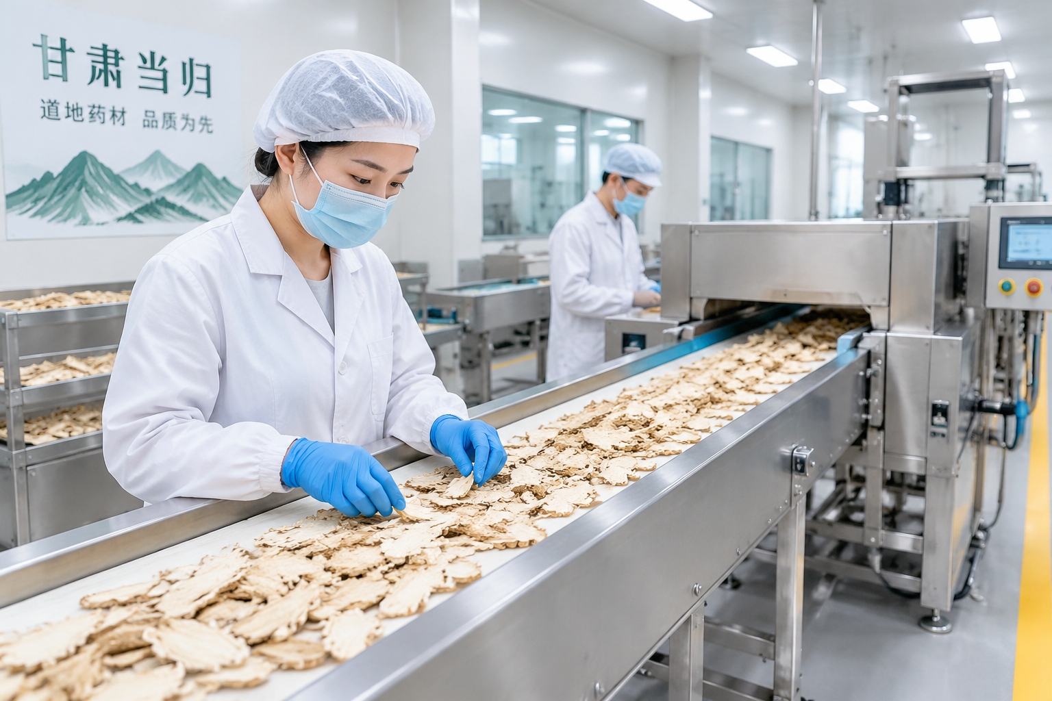 Workers inspecting sliced angelica on a conveyor belt in a Gansu herb factory