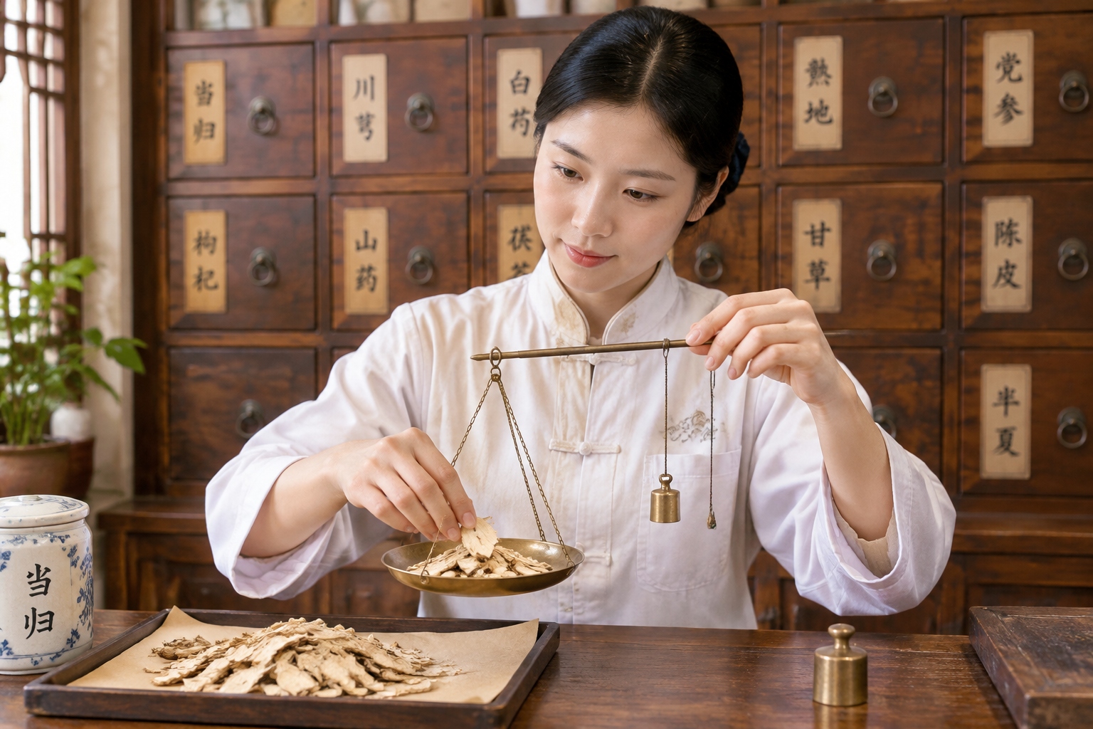 Traditional Chinese pharmacist weighing dried herbs on a brass scale