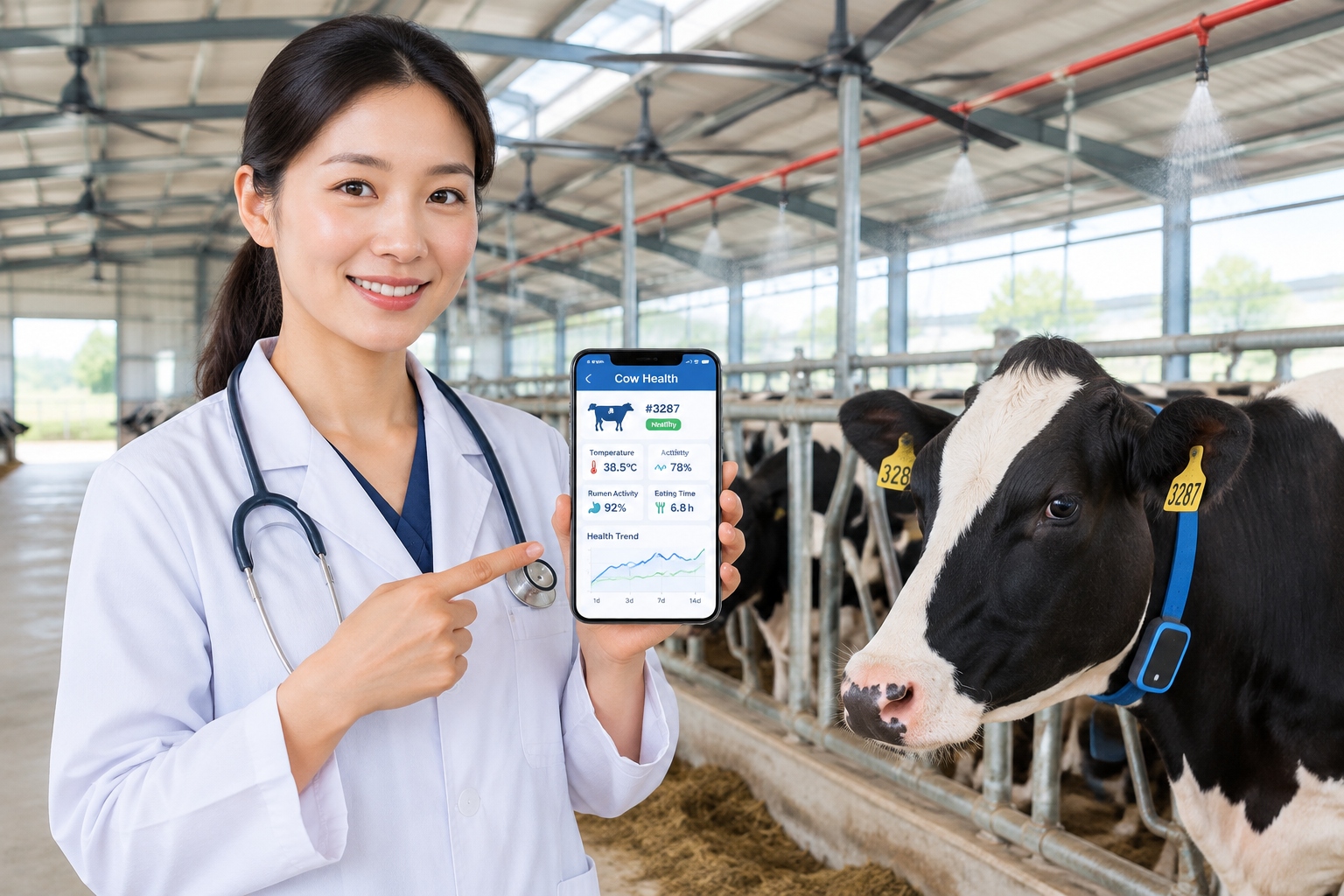 Veterinarian using a smartphone to check cow health data on a dairy farm in Ningxia