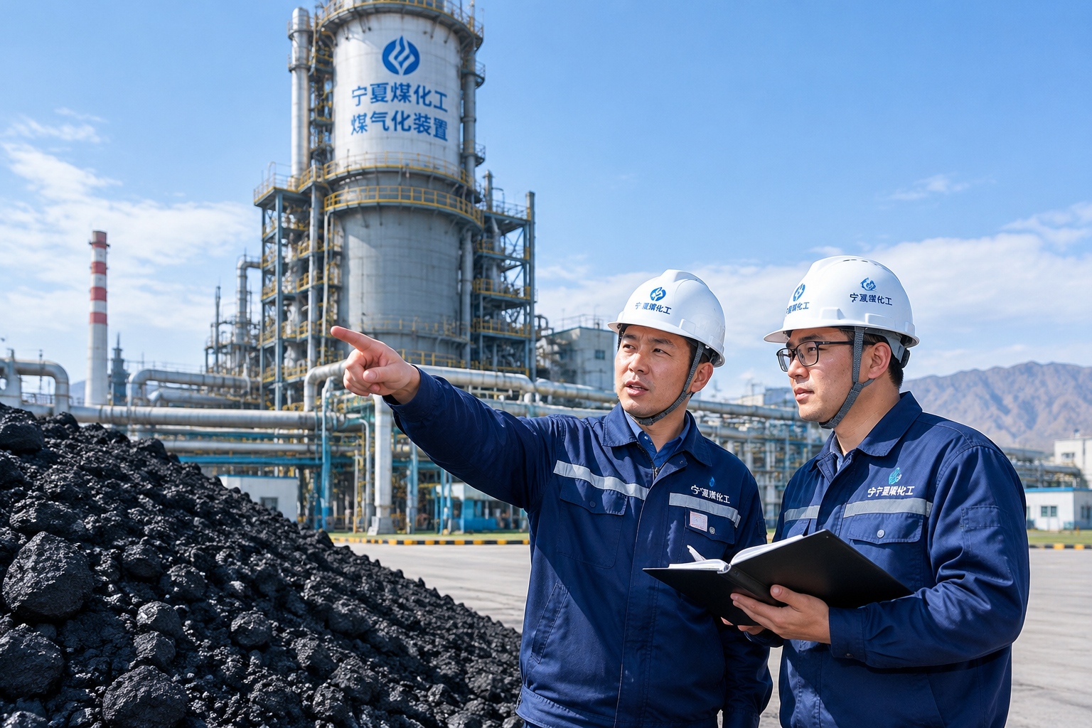Workers standing before a coal pile and industrial gasifier at a chemical plant in Ningxia, China