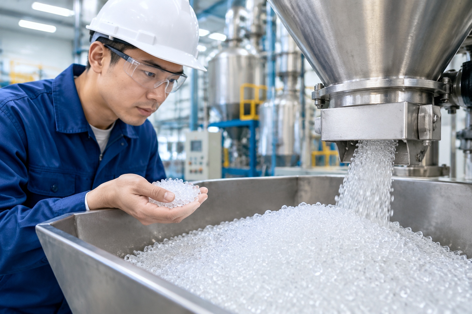 Plastic pellets produced from coal-based polyethylene in a factory hopper