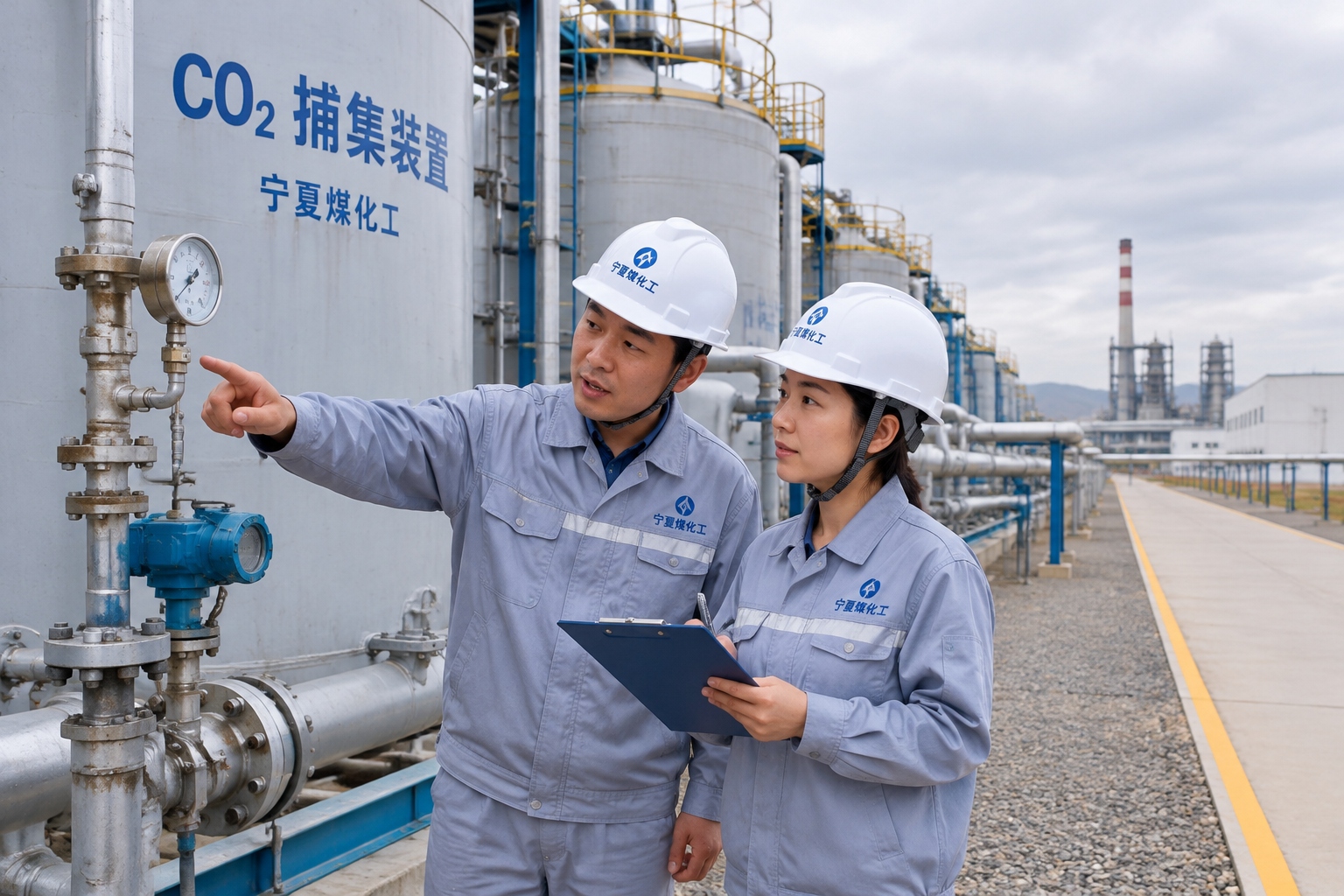 Technician inspecting carbon capture equipment at a Ningxia coal chemical plant