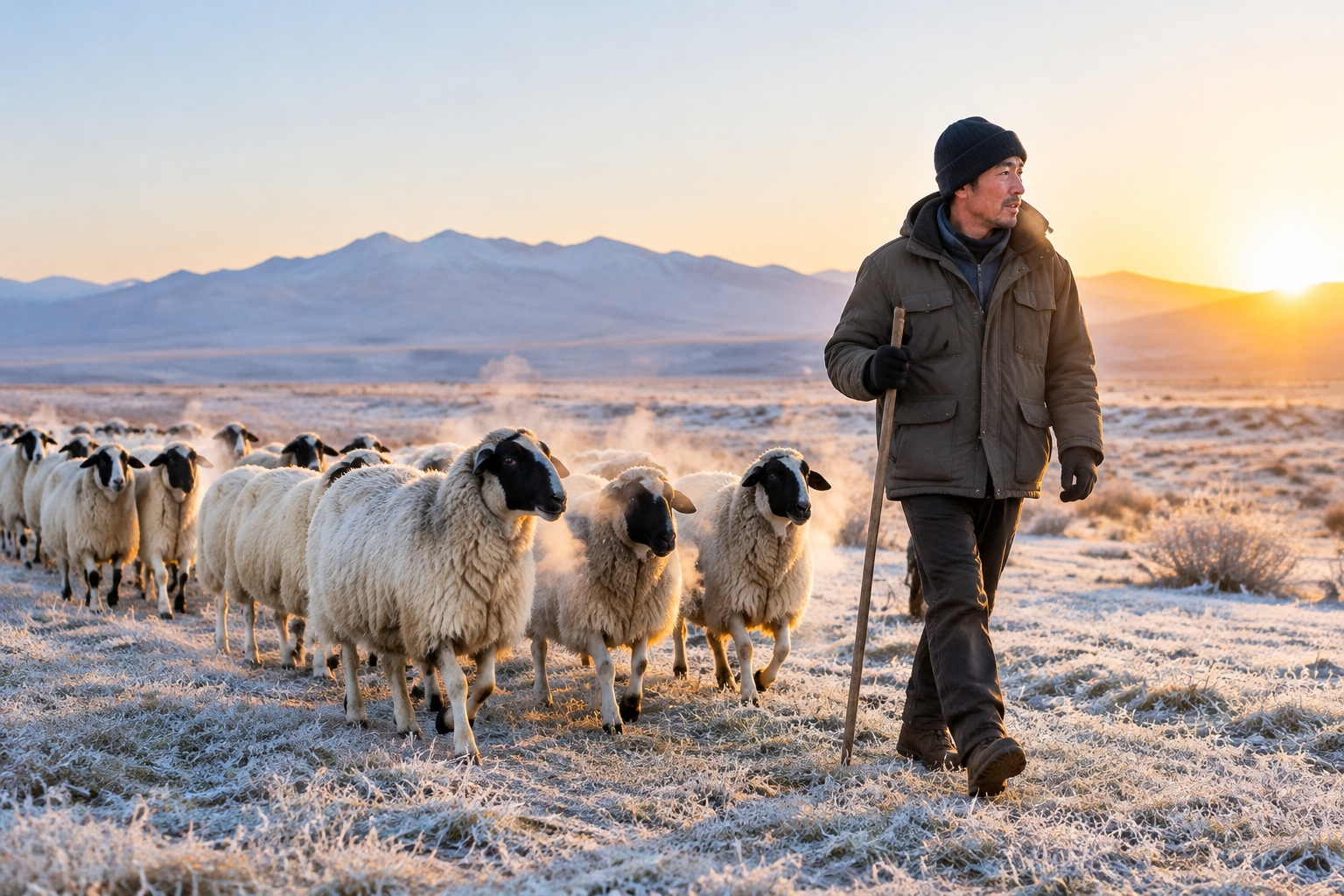 A flock of Ningxia tan sheep walking across a frosty grassland at sunrise, led by a Chinese shepherd