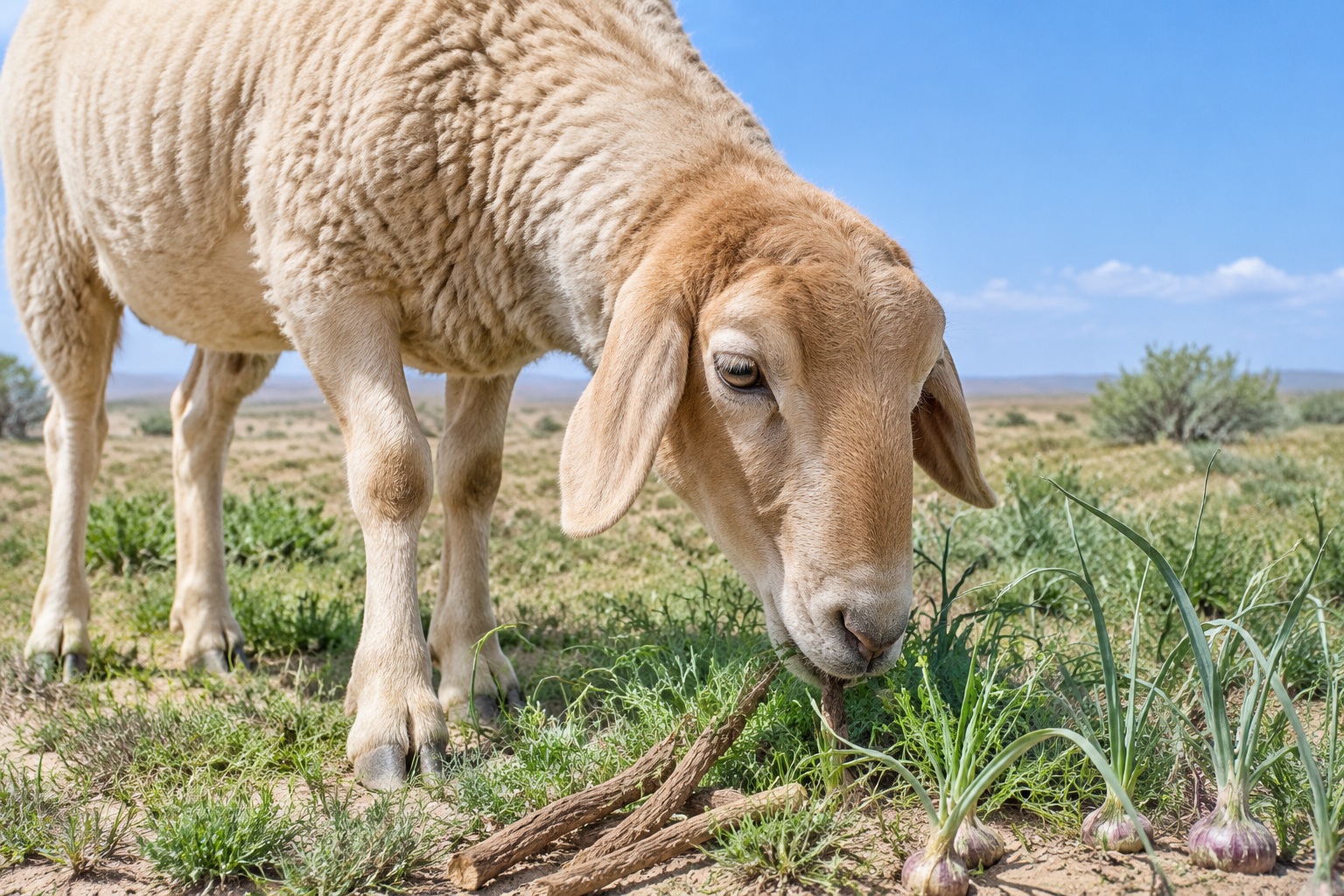 A tan sheep grazing on natural herbs and grasses in the Ningxia countryside