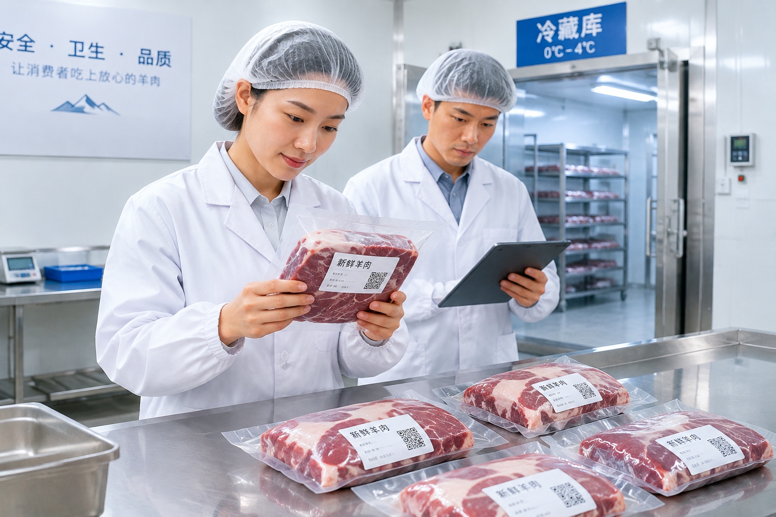 Workers inspecting vacuum-packed Ningxia tan sheep meat in a modern processing facility