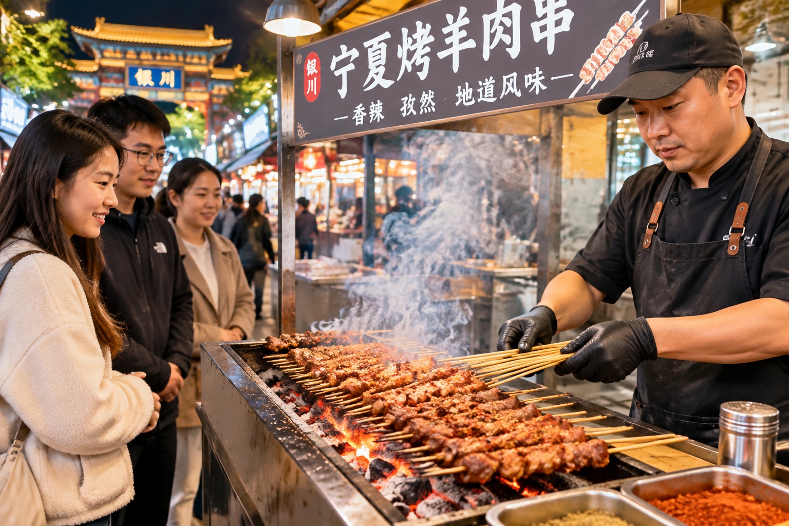 Lamb skewers grilling over charcoal at a Yinchuan night market