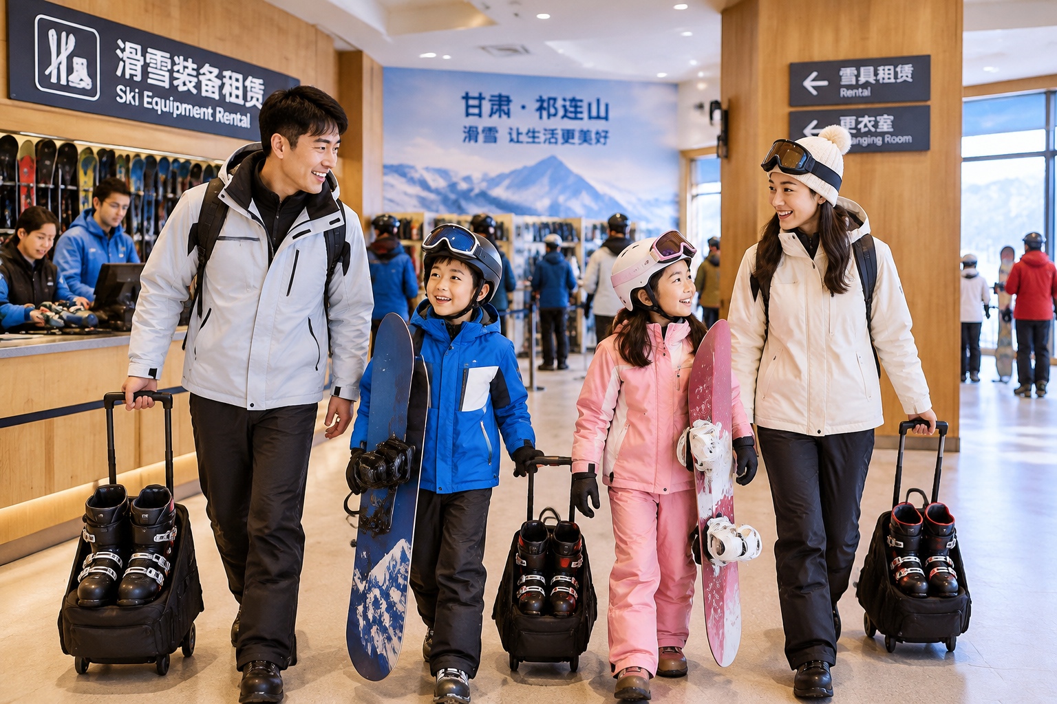 Family renting ski equipment at a Gansu ski resort
