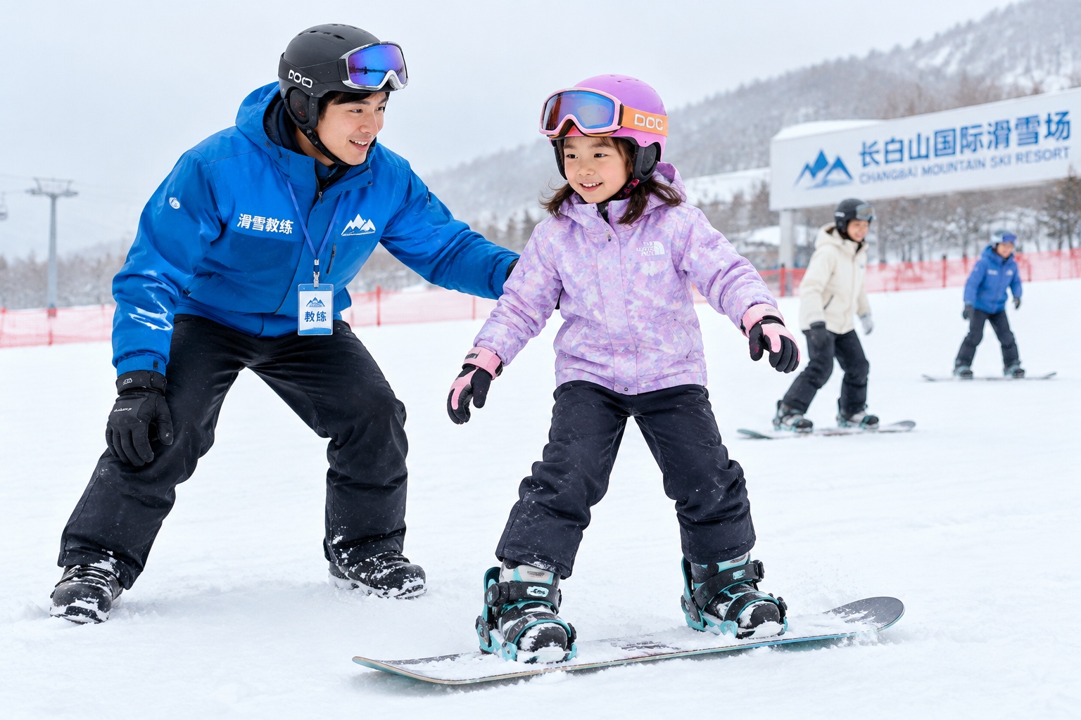 Ski instructor teaching a beginner at a Gansu snow park