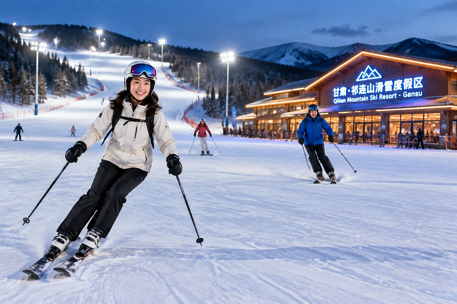 Night skiing at a Gansu ski resort