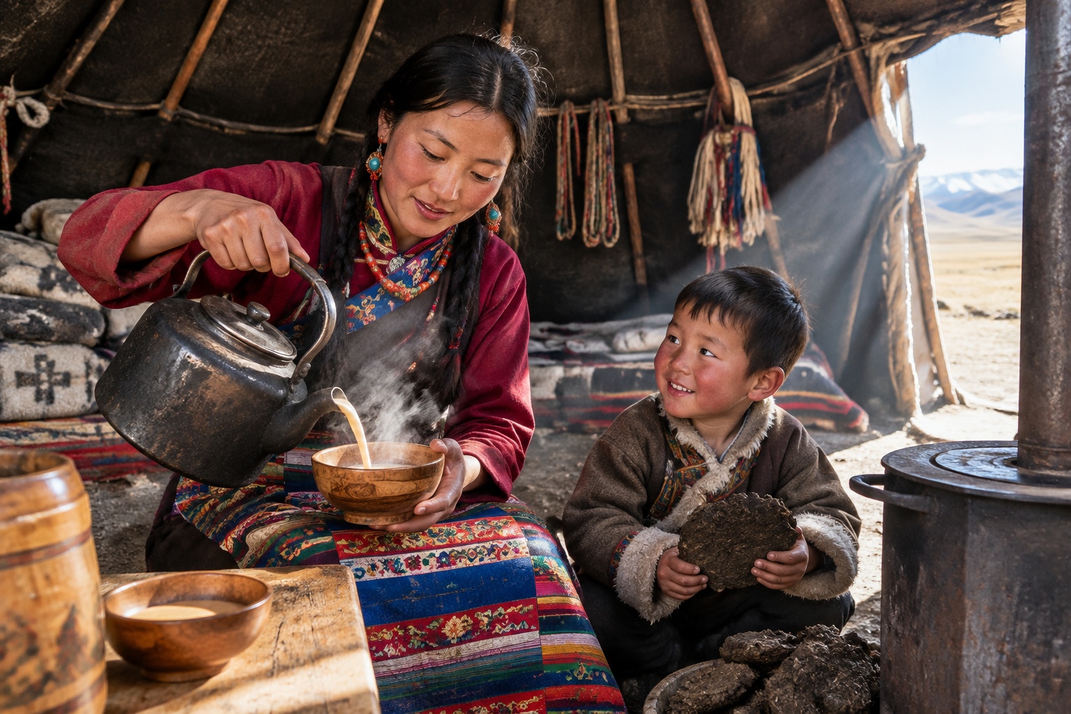 Tibetan woman pouring butter tea inside a yak-hair tent at morning light