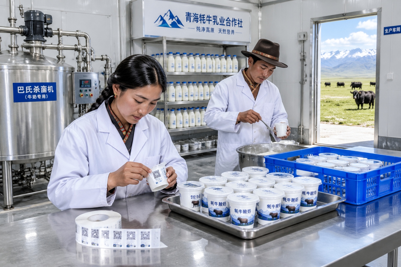 Workers packing yak yogurt at a small cooperative in Qinghai