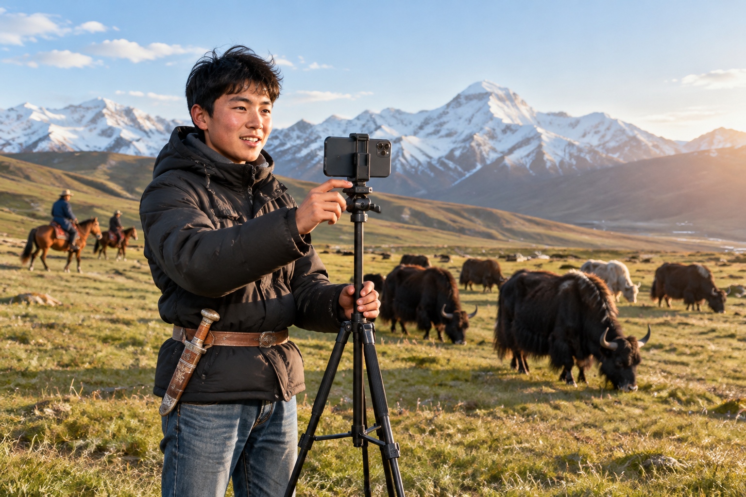 Young herder filming yaks with smartphone on the Qinghai Plateau