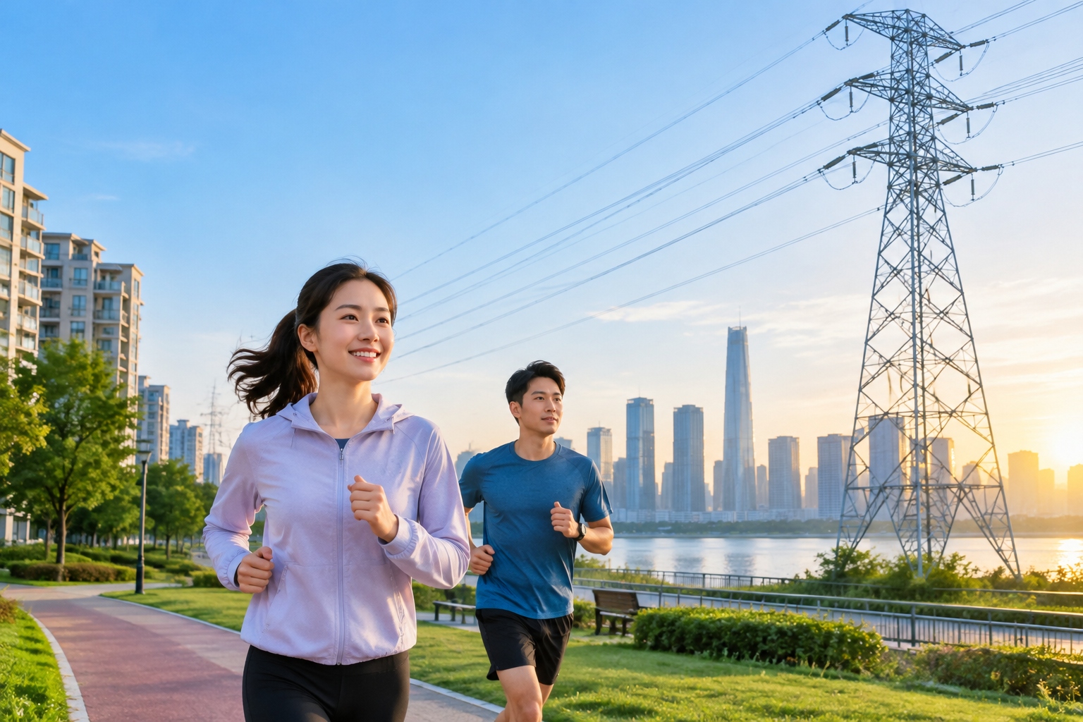 Chinese city skyline with overhead power lines and clear blue sky
