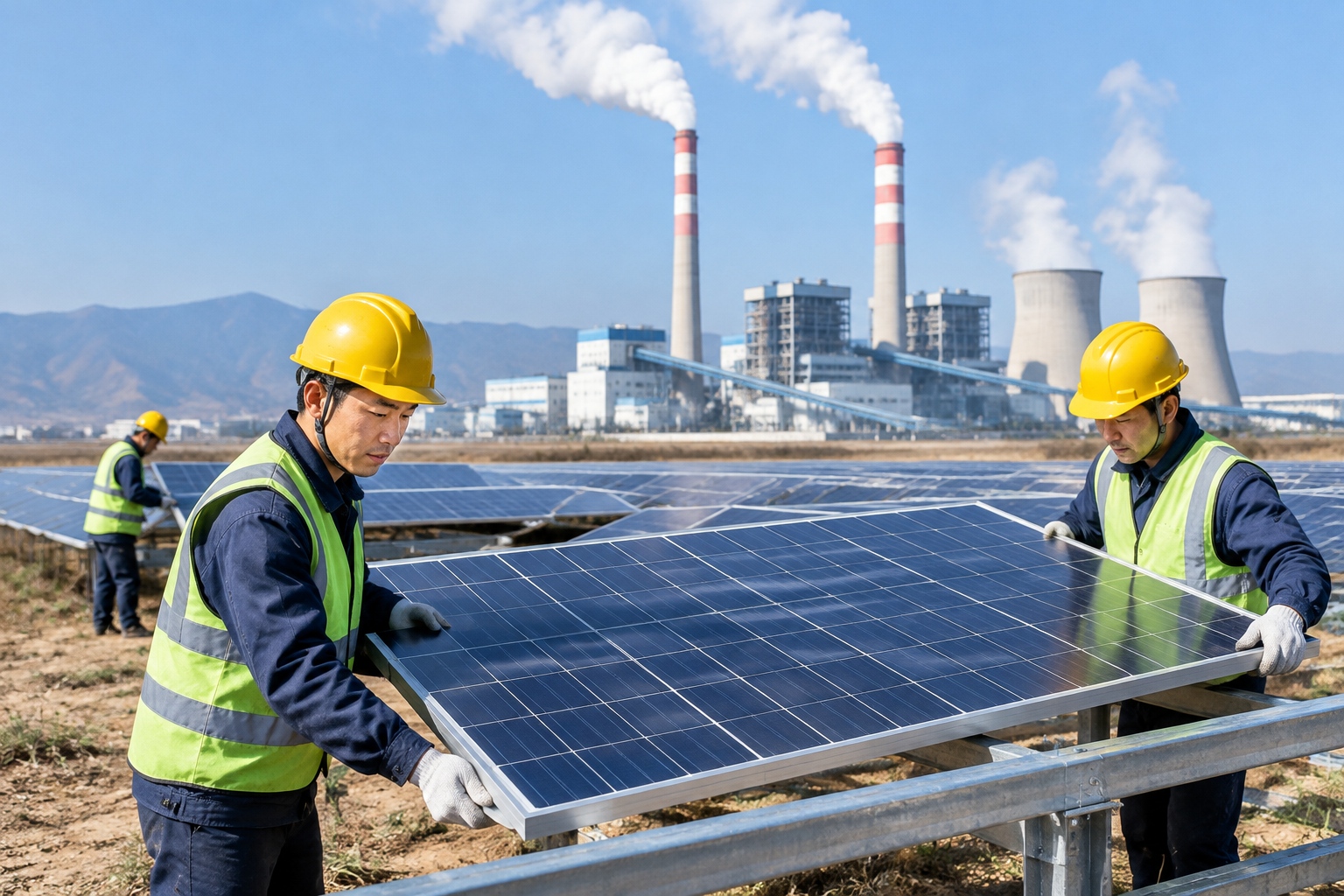 Coal power plant next to newly installed solar panels in China