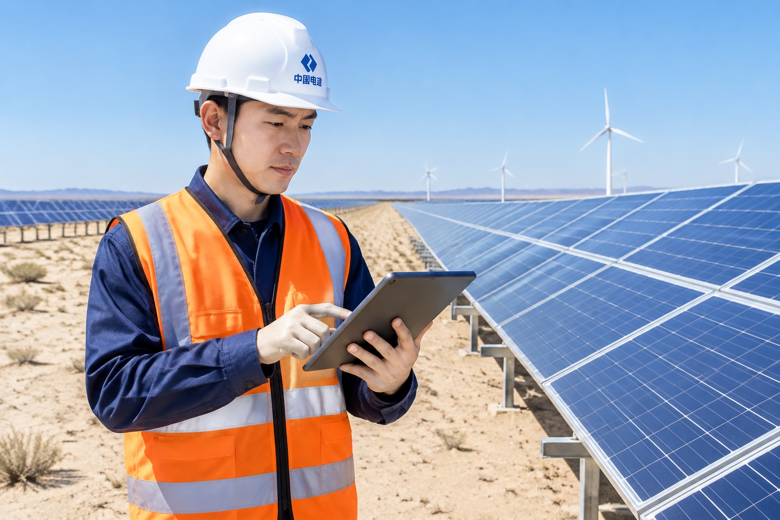 Solar panel maintenance worker in the Gobi Desert, China