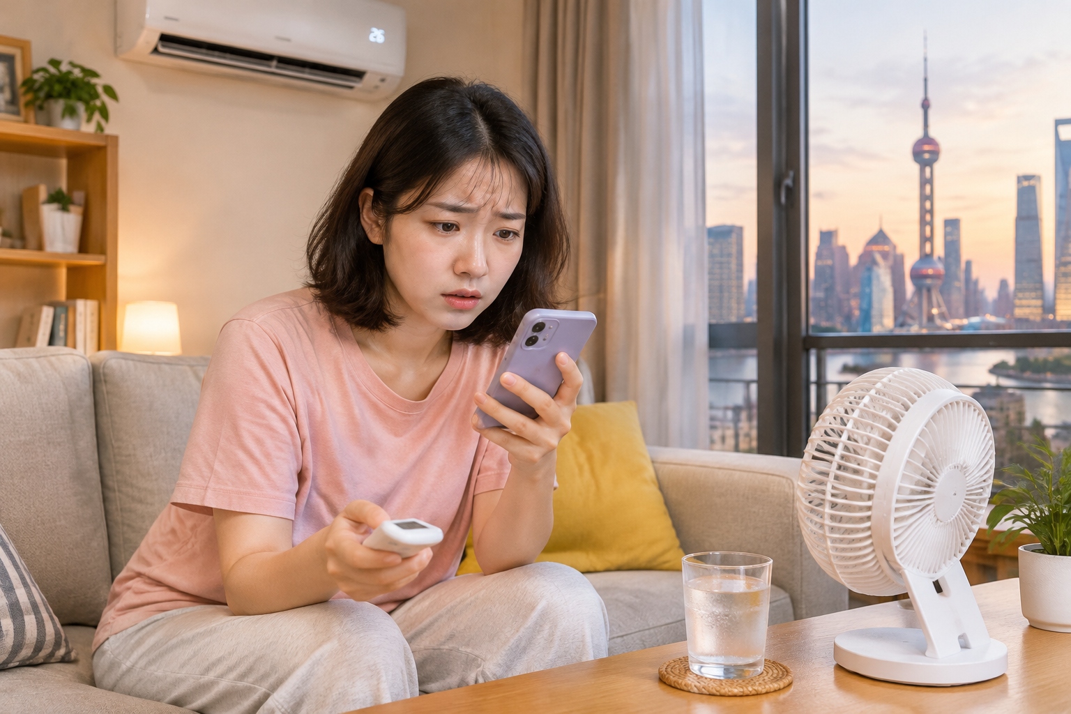 A young woman in a Shanghai apartment checks her phone for power outage alerts on a hot summer evening, with a fan and air conditioner remote nearby.