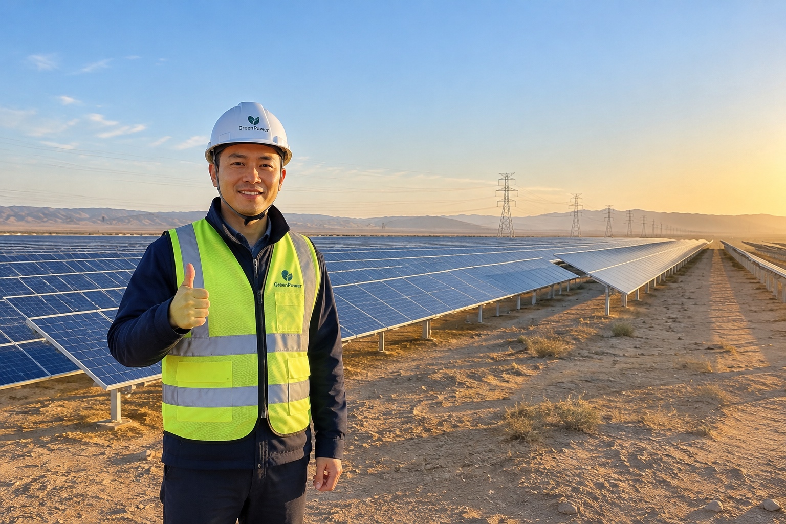 A large solar farm in China's Gobi Desert with transmission lines in the background, illustrating the geographical gap between renewable energy generation and urban demand.