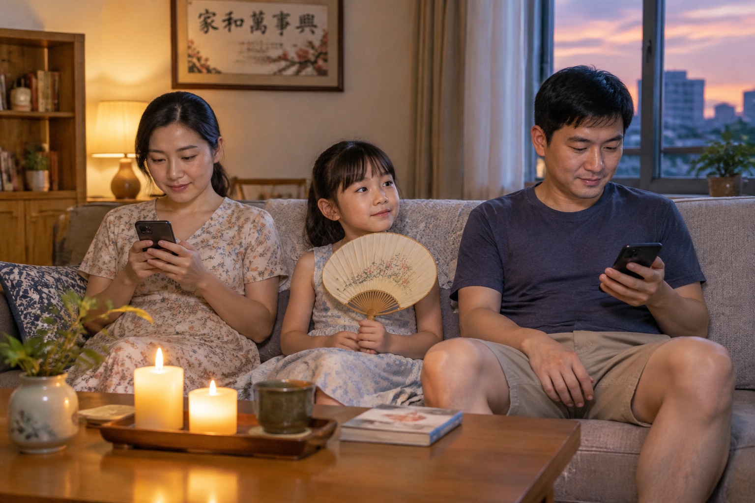 A Chinese family uses candles and hand fans during a power outage on a summer evening, showing the real impact of occasional blackouts.