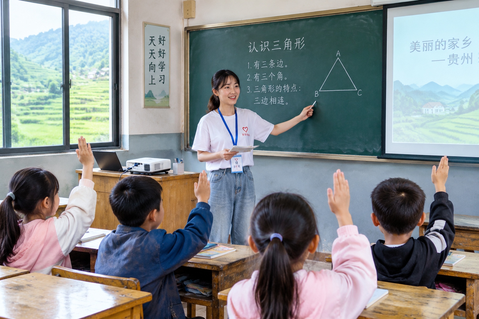 Teach in the Countryside: What Can Urban Youth Bring to Rural Schools? 22 Young volunteer teacher leading a class in a rural Guizhou elementary school with students raising hands