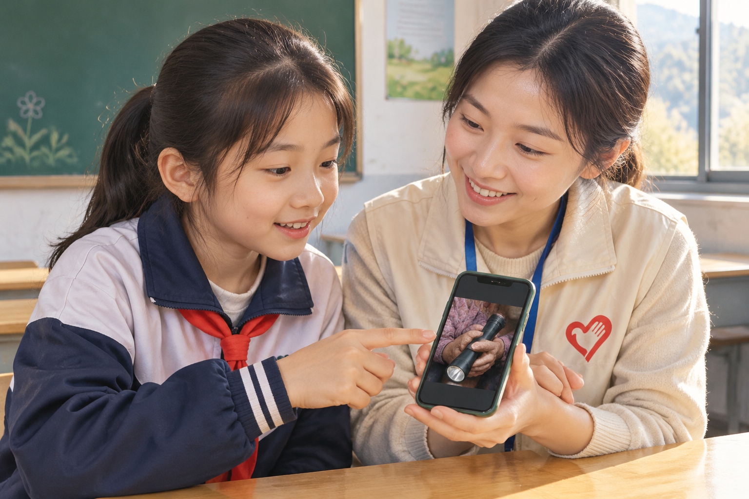 Teach in the Countryside: What Can Urban Youth Bring to Rural Schools? 23 Rural student showing a photo on a smartphone to her young volunteer teacher