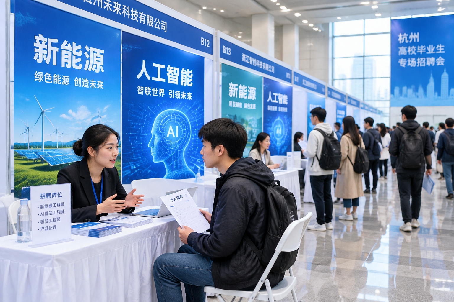 University graduates line up to speak with recruiters at a career fair in Hangzhou, China