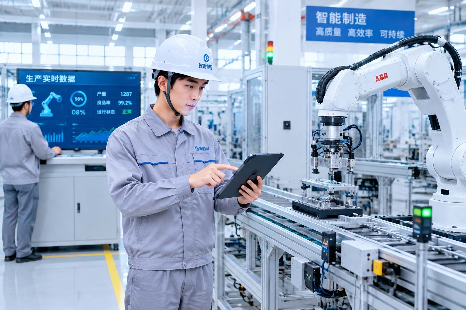 Young Chinese engineers work with robotic arms and data screens in a modern smart factory