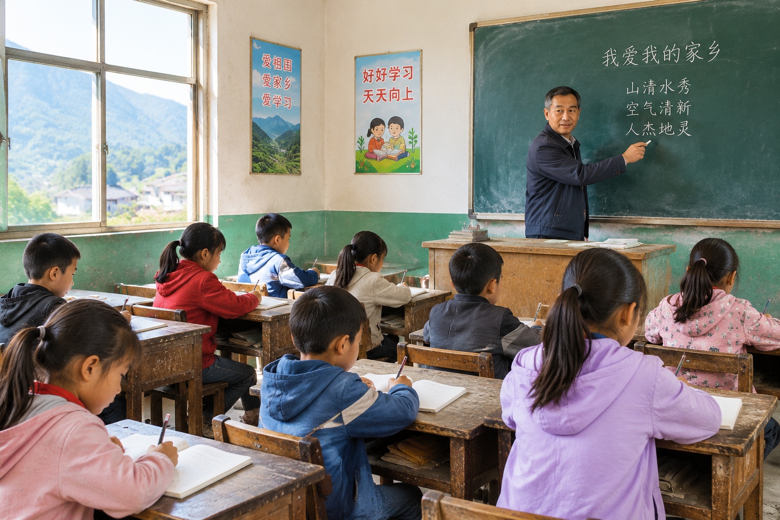 China's Education in Numbers: Input, Output, and Equity 23 Children writing at wooden desks in a rural primary school classroom in China while their teacher stands at the blackboard