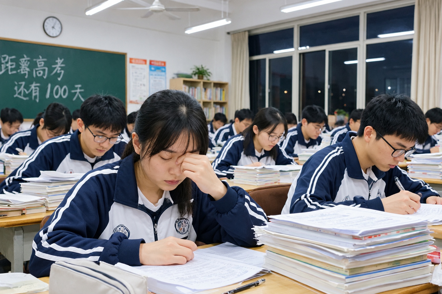 China's Education in Numbers: Input, Output, and Equity 24 Chinese high school students studying under fluorescent lights in an evening classroom, desks covered with stacks of practice exam papers