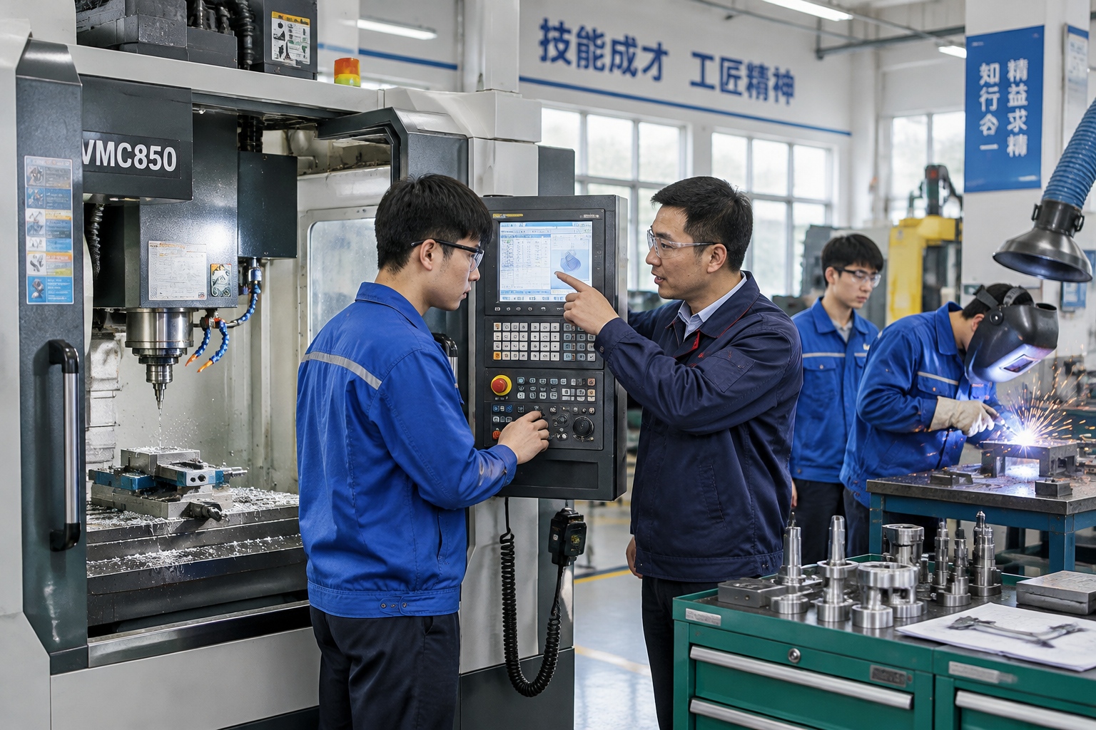China's Education in Numbers: Input, Output, and Equity 25 Vocational college students in blue uniforms operating CNC machine tools during a training class in a Chinese manufacturing workshop