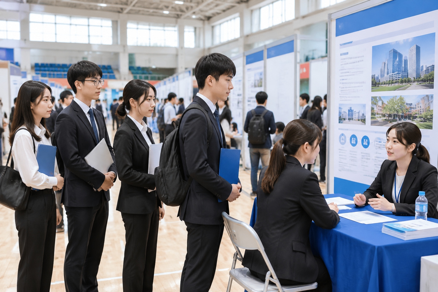 China's Education in Numbers: Input, Output, and Equity 26 Young Chinese university graduates holding resume folders at a campus job fair booth in a crowded exhibition hall
