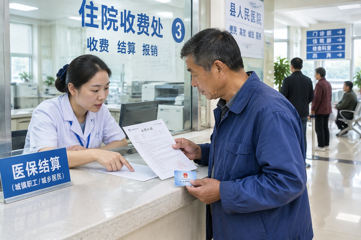 Chinese farmer Li Guohua looks at his hospital bill at a county hospital payment counter in Henan Province
