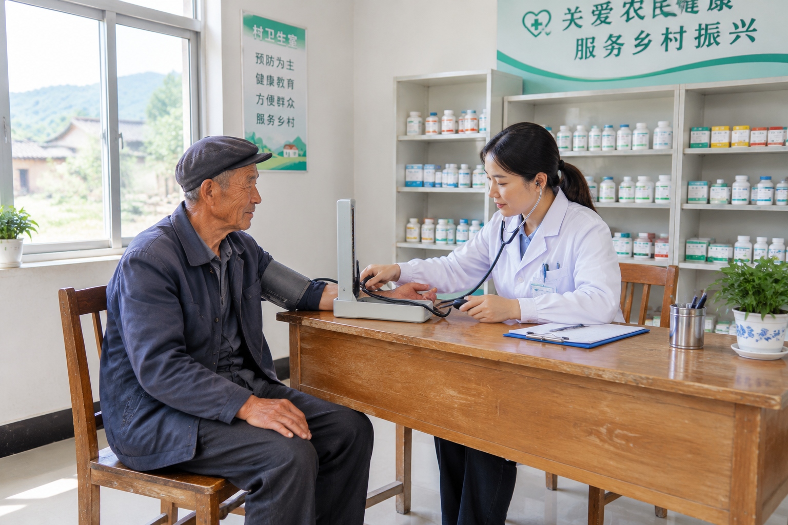 Village doctor measures blood pressure of an elderly farmer in a rural clinic in China