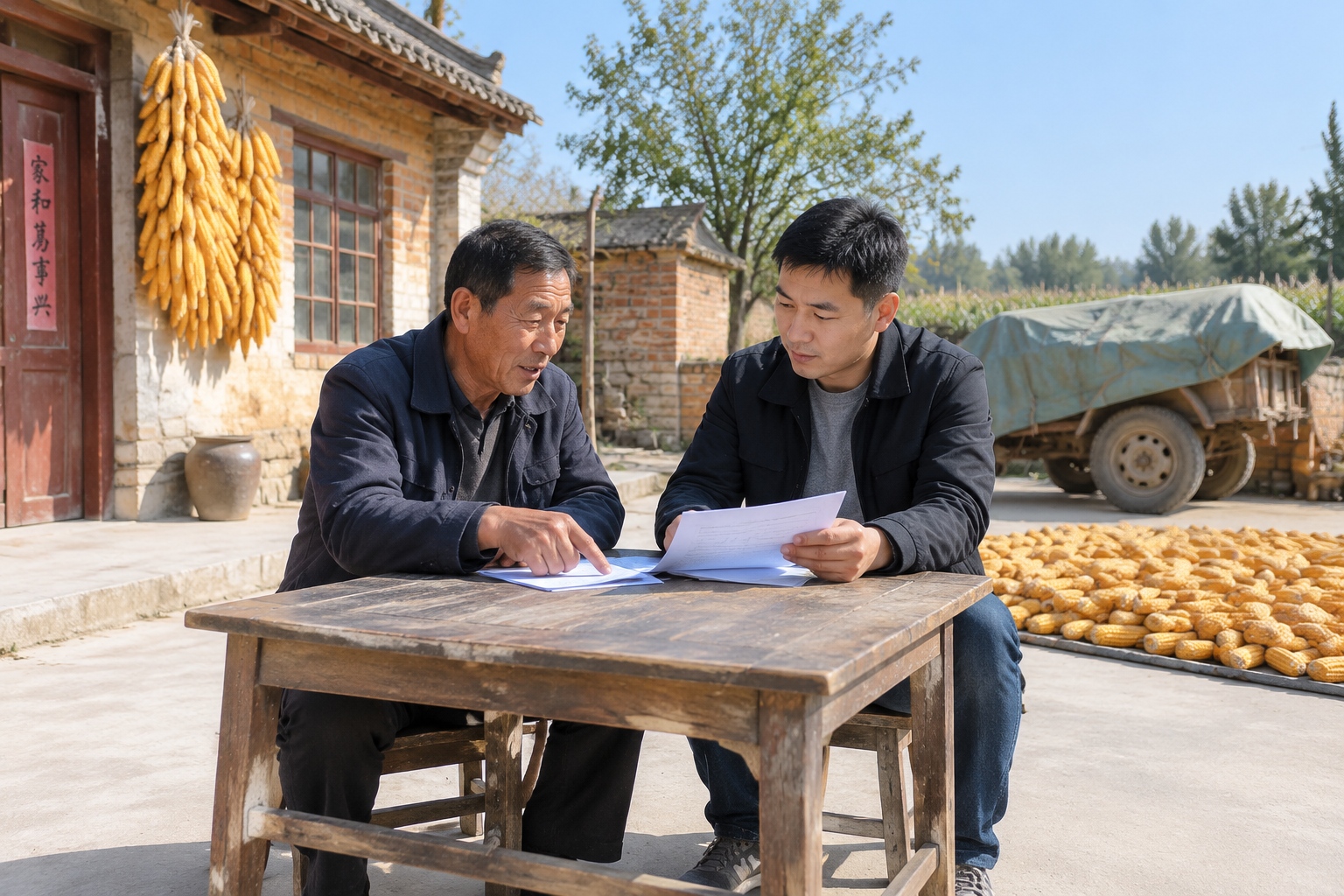 Farmer and his son talk at home after hospital discharge, rural Henan