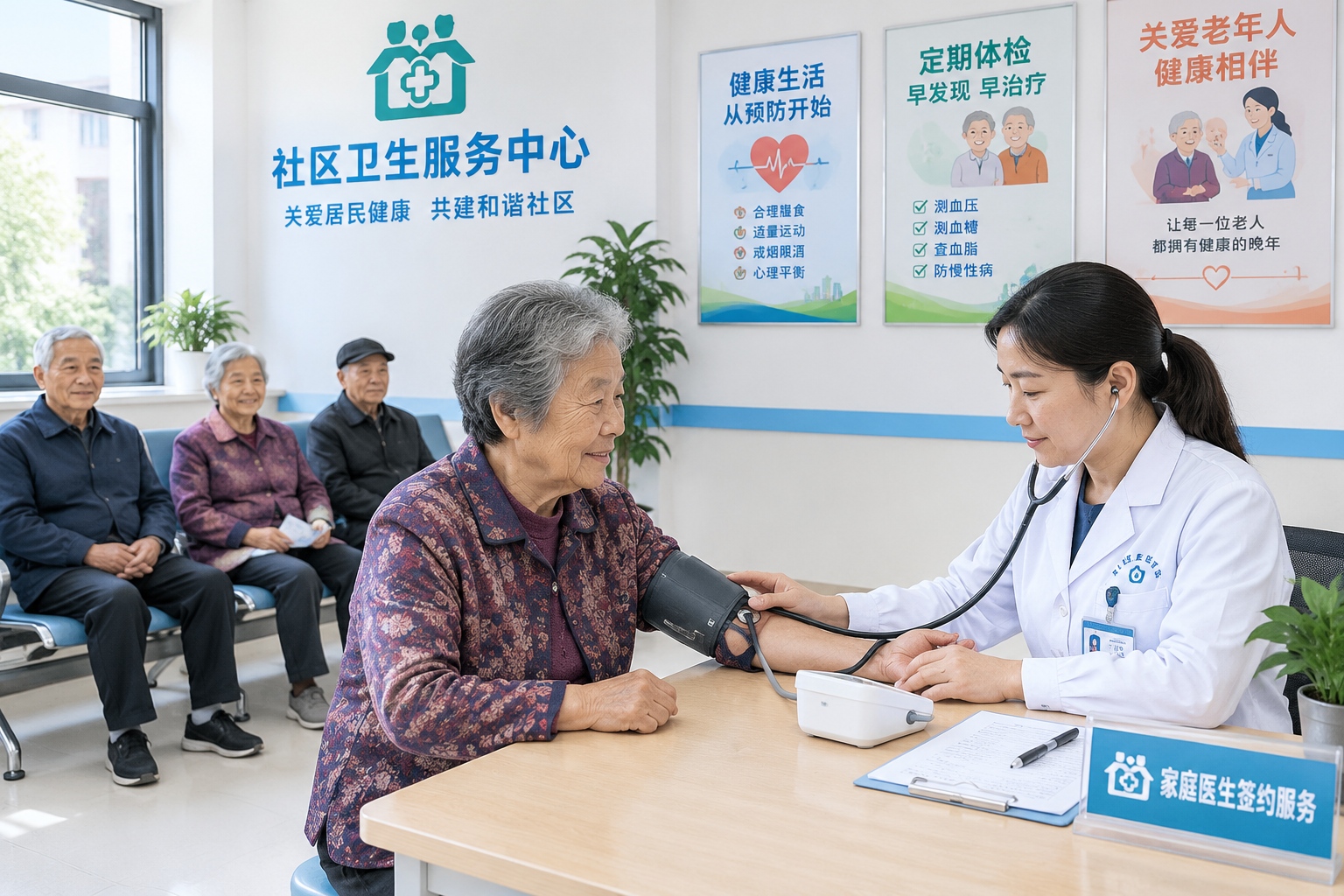 A doctor measures blood pressure for a senior woman at a community health center in China