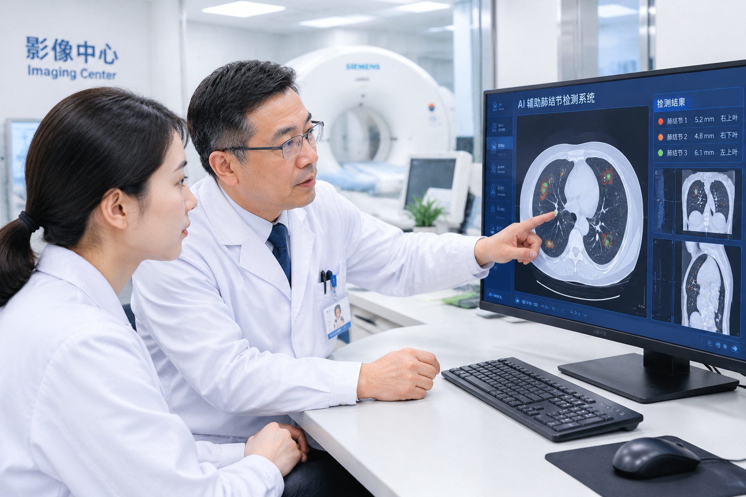 Radiologist using AI-assisted image analysis to detect lung nodules in a modern Chinese hospital